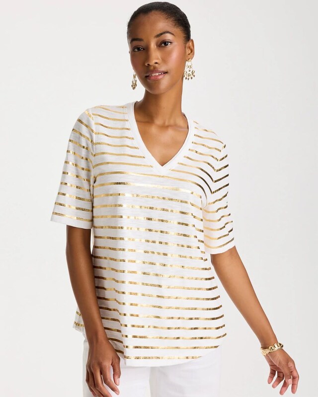 Striped Cotton Slub V-Neck Tee - image 1